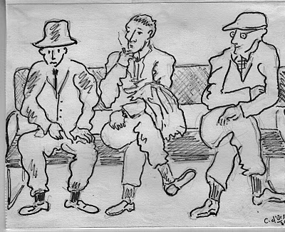 Dibujo en blanco y negro de tres hombres sentados en un banco.
