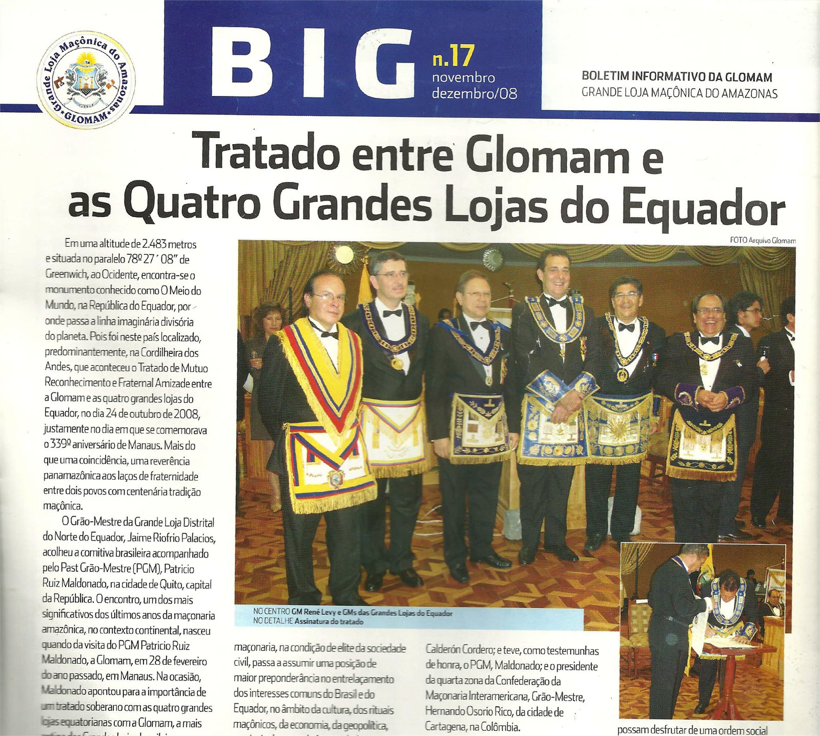 Firma del Tratado de Mutuo Reconocimiento y Fraternal Amistad entre GLOMAN y Grandes Logias del Ecuador